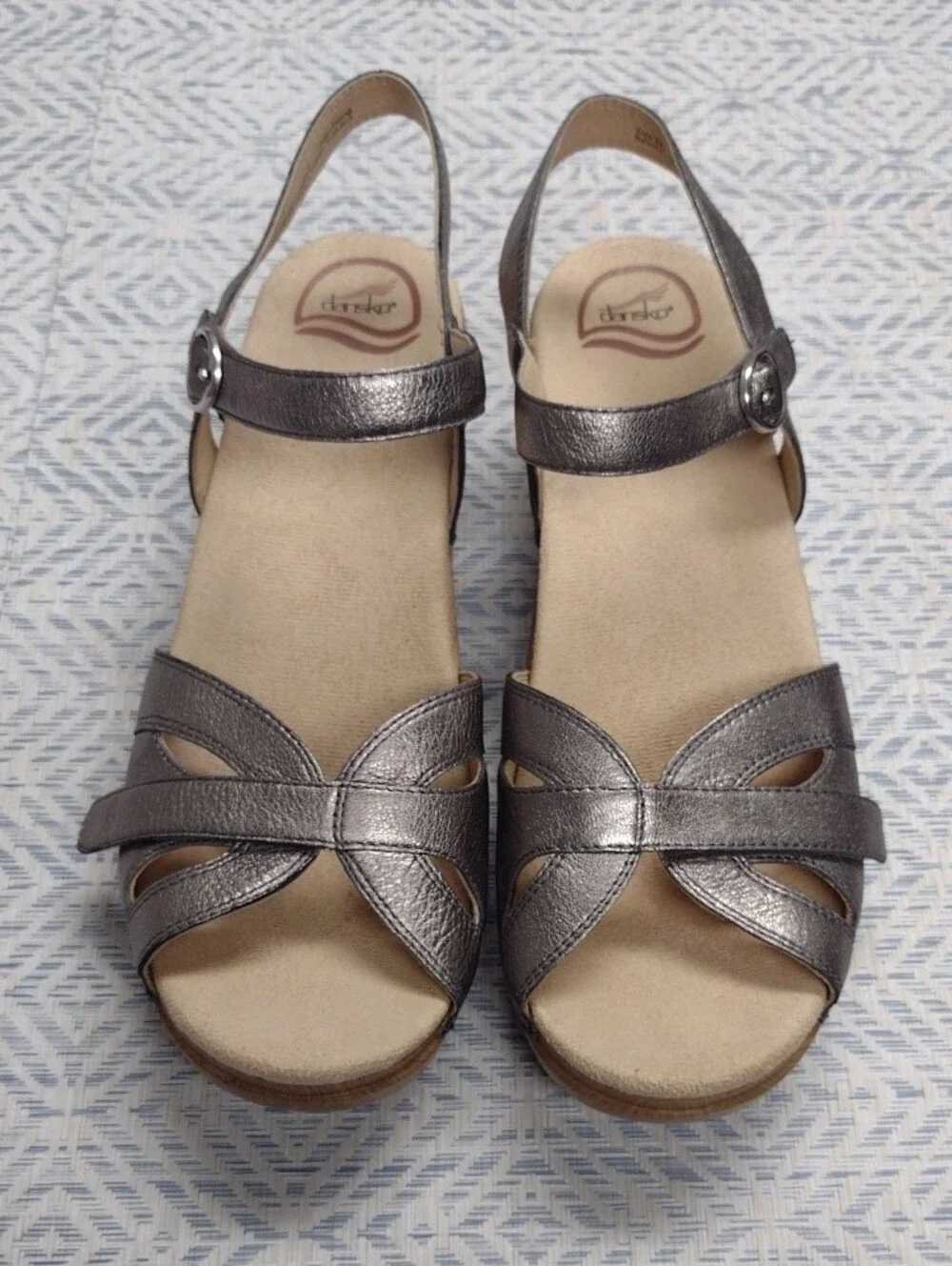 Dansko Silver Leather Wedge Sandals with Wood-Look Heel
